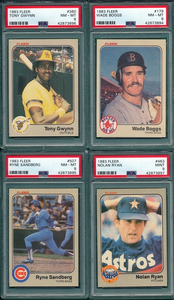 1983 Fleer Ryan, Sandberg, Boggs & Gwynn, Lot of (4), PSA *Rookies*
