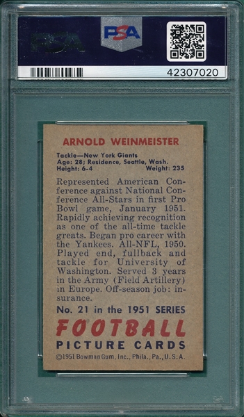 1951 Bowman FB #21 Arnie Weinmeister PSA 7.5 *Rookie*