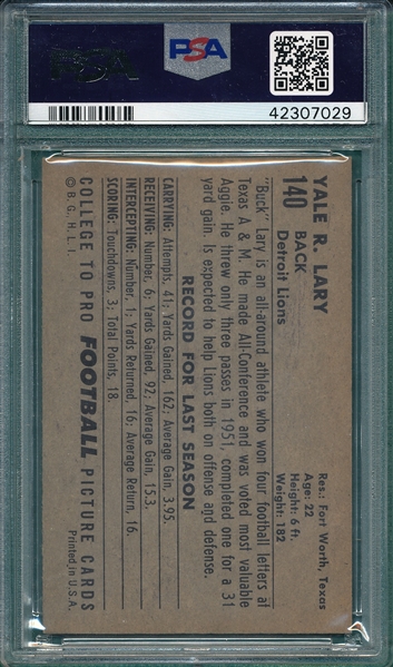 1952 Bowman FB #140 Yale Lary PSA 3.5 *NRMT Appearance*