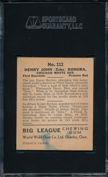 1936 World Wide Gum #112 Zeke Bonura SGC 35 *Presents Better*