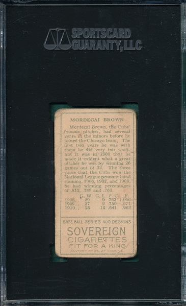 1911 T205 Brown, Mordecai, Sovereign Cigarettes SGC 20