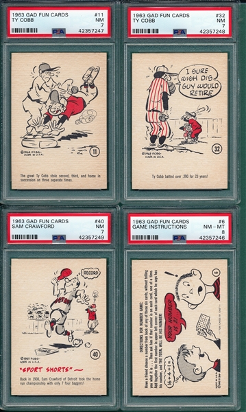 1963 Gad Fun Cards Lot of (4) W/ #11 & #32 Ty Cobb's PSA 7