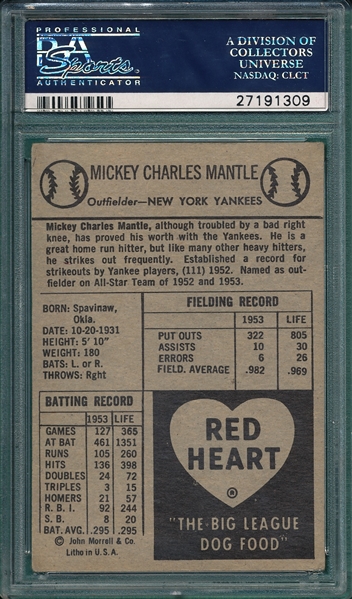 1954 Red Heart Mickey Mantle PSA 4