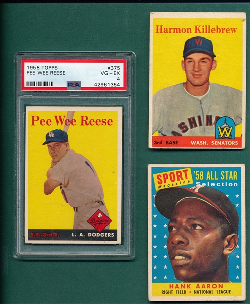 1958 Topps Killebrew, Aaron, AS & Reese PSA 4, Lot of (3)