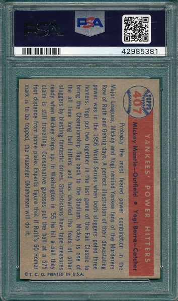 1957 Topps #407 Yankees Power Hitters W/ Berra & Mantle PSA 3.5 