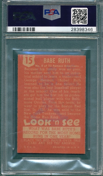 1952 Topps Look 'N See #15 Babe Ruth PSA 6