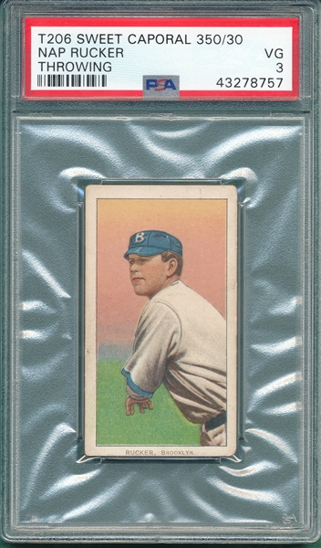 1909-1911 T206 Rucker, Throwing, Sweet Caporal Cigarettes PSA 3