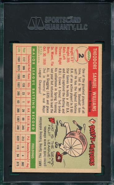 1955 Topps #2 Ted Williams SGC 2.5 *Presents Much Better*