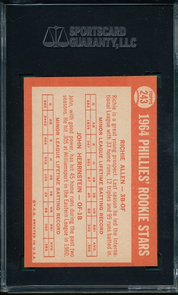 1964 Topps #243 Phillies Rookies W/ Richie Allen SGC 88