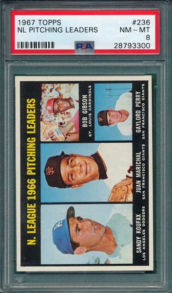 1967 Topps #236 NL Pitching Leaders W/ Gibson, Koufax PSA 8