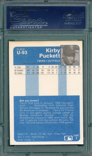 1984 Fleer Update #U-93 Kirby Puckett PSA 8 *Rookie*