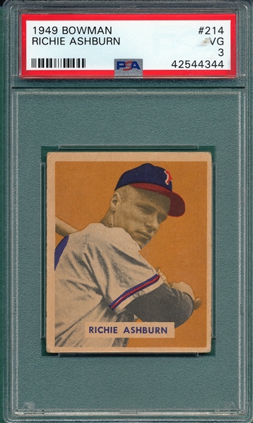 1949 Bowman #214 Richie Ashburn PSA 3 *Rookie* *Hi #*