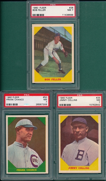 1960 Fleer Baseball Greats #25 Jimmy Collins, #26 Feller & #50 Chance, Lot of (3) PSA 7