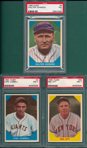 1960 Fleer Baseball Greats #36 Ott, #4 Hubbell & #6 Walter Johnson, Lot of (3) PSA 7