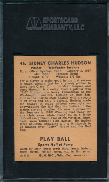 1941 Play Ball #46 Sid Hudson SGC 86