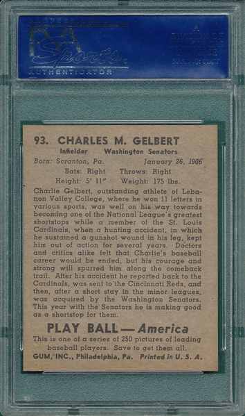 1939 Play Ball #93 Play Ball Charley Gelbert PSA 8