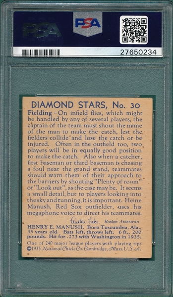 1934-36 Diamond Stars #30 Heinie Manush, No W, PSA 5