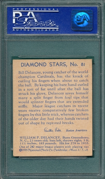 1934-36 Diamond Stars #81 Bill Delancey PSA 7