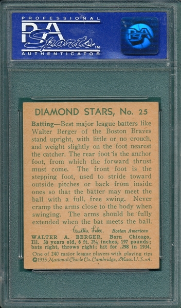 1934-36 Diamond Stars #25 Wally Berger PSA 7