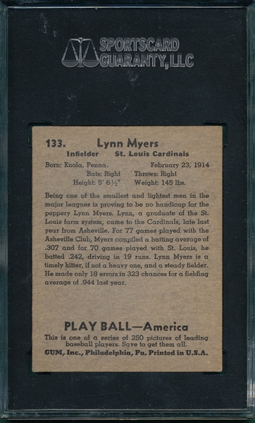 1939 Play Ball #133 Lynn Myers SGC 70 *Hi #*