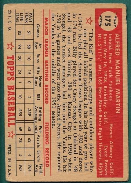 1952 Topps #175 Billy Martin *Rookie*