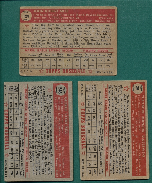 1952 Topps #29 Kluszewski, #129 Mize & #246 Kell, Lot of (3)
