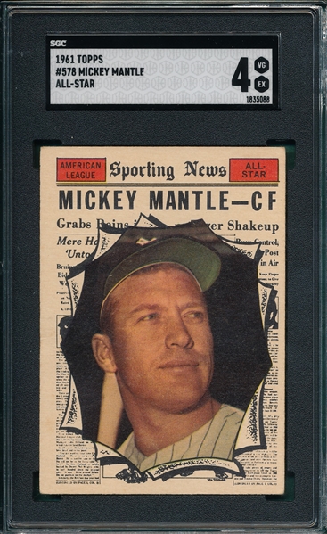 1961 Topps #578 Mickey Mantle, All Star, SGC 4 *Hi #*