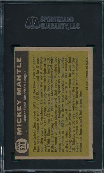 1961 Topps #578 Mickey Mantle, All Star, SGC 4 *Hi #*