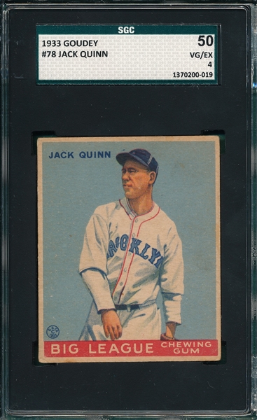 1933 Goudey #78 Jack Quinn SGC 50