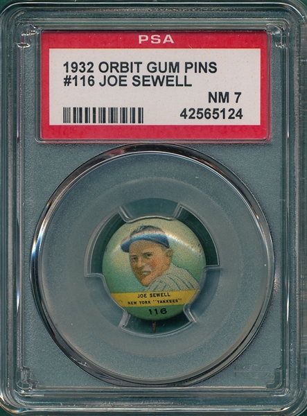 1932 Orbit Gum Pins #116 Joe Sewell PSA 7