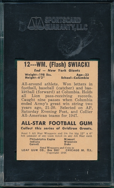 1948 Leaf FB #12 Swiacki SGC 84 *Black Letters* 