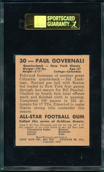 1948 Leaf FB #30 Paul Governali SGC 84 