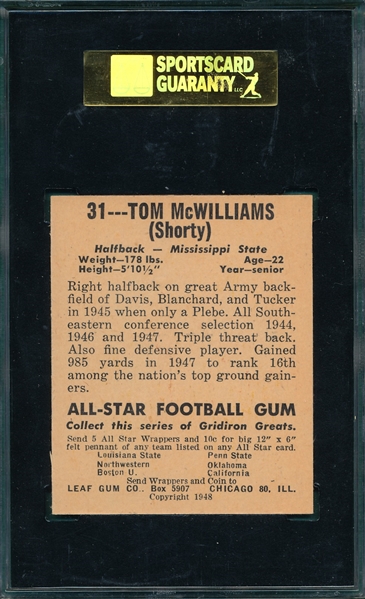 1948 Leaf FB #31 Tom McWilliams SGC 86 
