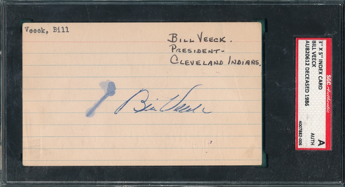Bill Veeck Signed Index Card SGC Authentic