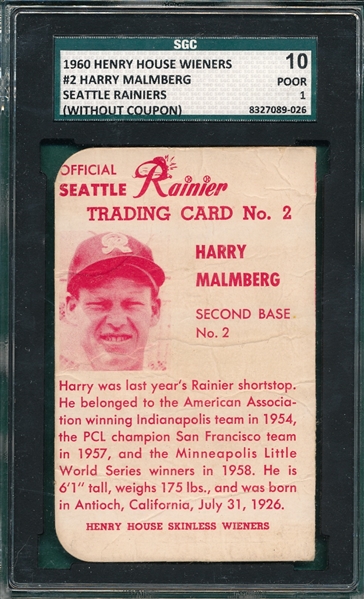 1960 Henry House Weiners #2 Harry Malmberg SGC 10