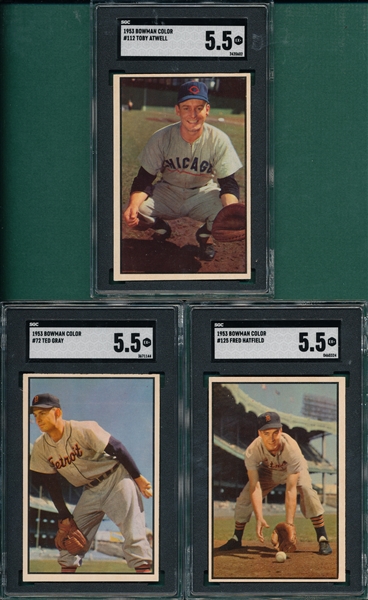 1953 Bowman Color #72 Gray, #112 Atwell & #125 Hatfield, Lot of (3) SGC 5.5