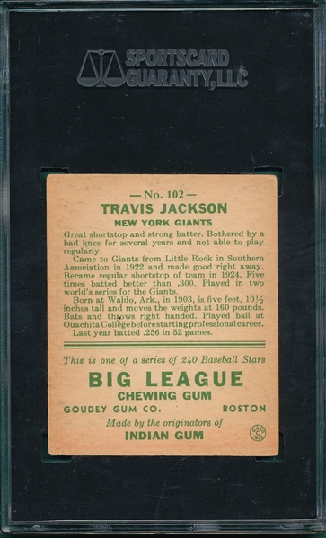 1933 Goudey #102 Travis Jackson SGC 60