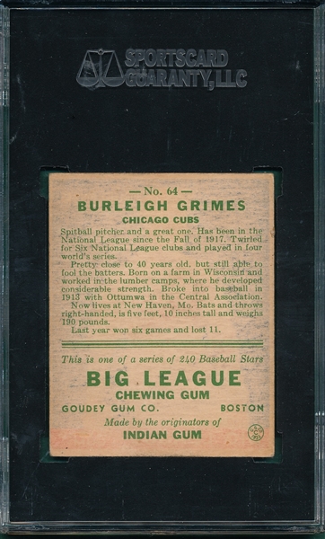 1933 Goudey #64 Burleigh Grimes SGC 60