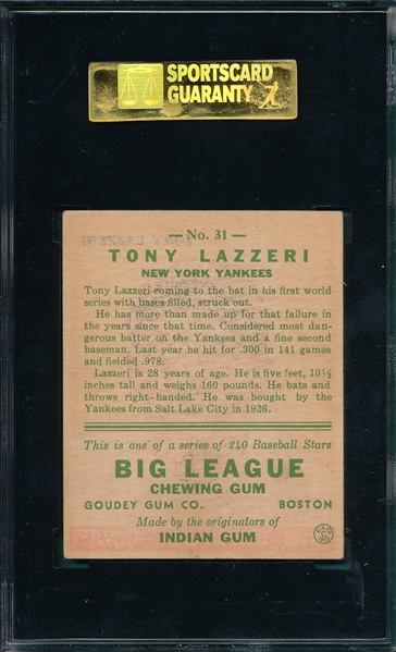 1933 Goudey #31 Tony Lazzeri SGC 80