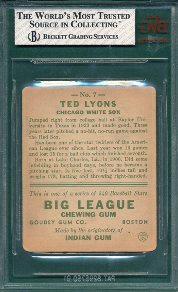 1933 Goudey #7 Ted Lyons BVG 3.5