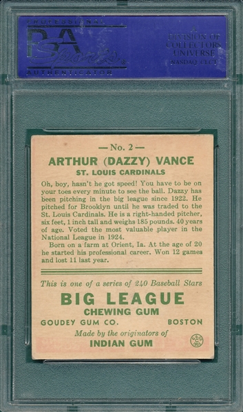 1933 Goudey #2 Dazzy Vance PSA 5