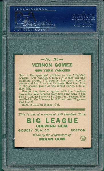 1933 Goudey #216 Vernon Gomez PSA 6