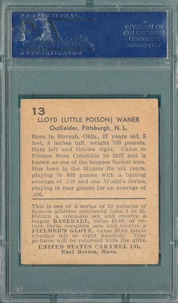 1932 R328 #13 Lloyd Waner U. S. Caramel PSA 5