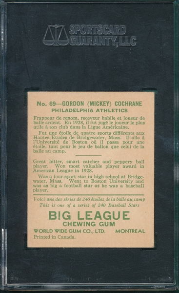 1933 V353 #69 Mickey Cochrane Goudey World Wide Gum SGC 70
