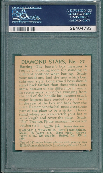 1934-36 Diamond Stars #27 Pie Traynor PSA 8