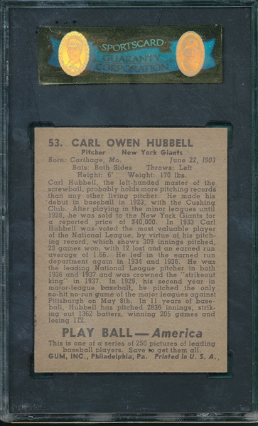 1939 Play Ball #53 Carl Hubbell SGC 84
