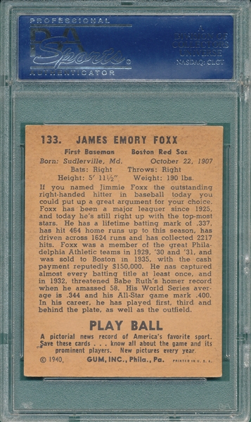 1940 Play Ball #133 Jimmie Foxx PSA 5
