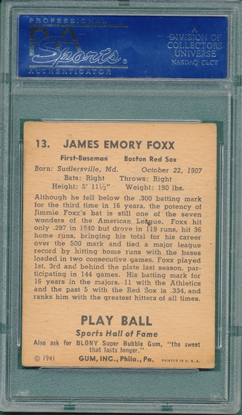 1941 Play Ball #13 Jimmie Foxx PSA 4
