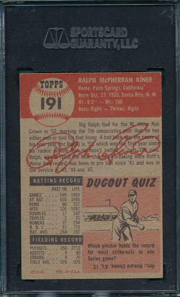 1953 Topps #191 Ralph Kiner SGC 60