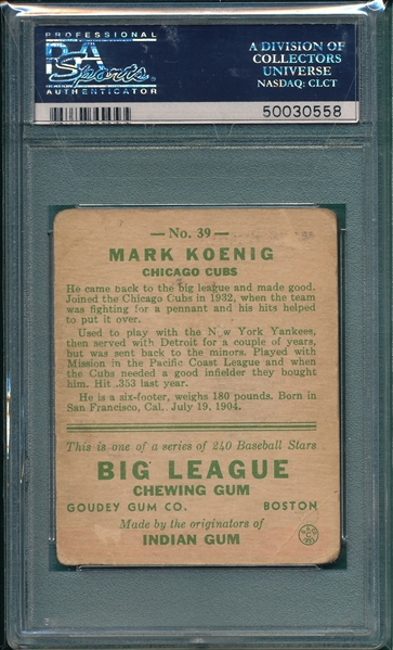 1933 Goudey #39 Mark Koenig PSA 1.5/ Auto 9 *Signed*